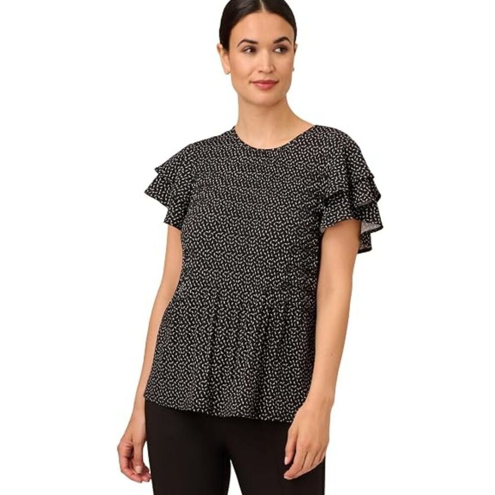 Adrianna Papell Black Pleated Blouse Top Flutter Ruffle Sleeve Size Medium New